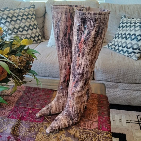 CLEARANCE SALE!! Orange and Brown Heeled Boots with Artistic Flair - Picture 1 of 12